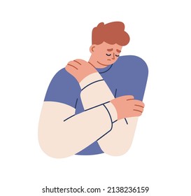 Sad unhappy person feeling lonely and depressed. Upset man in grief and sorrow, hugging himself. Guy with negative emotion of despair. Flat graphic vector illustration isolated on white background