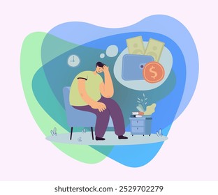 Sad unhappy person having money problem. Broke man feeling sad and depressed, staying home and thinking of unpaid loan. Vector illustration for bankrupt, financial crisis, depression concept