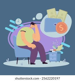 Sad unhappy person having money problem. Broke man feeling sad and depressed, staying home and thinking of unpaid loan. Vector illustration for bankrupt, financial crisis, depression concept