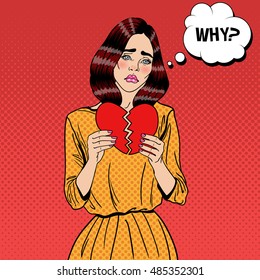 Sad Unhappy Pop Art Woman Tearing Paper Red Heart. Vector illustration