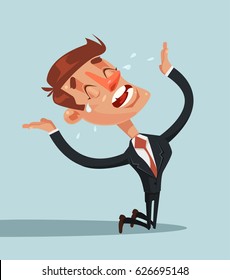 Sad unhappy screaming and crying businessman office worker manager standing on his knees and prey. Vector flat cartoon illustration