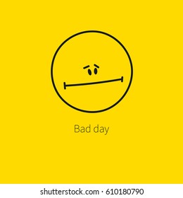 Sad Unhappy Sorry Line Hand Drawn Smiley Isolated On A Yellow Background. Web Icon A Bad Day. Card Emoji, Emoticon. Vector Illustration.