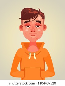 Sad Unhappy Teen Boy Man With Acne On Face. Skin Problem Flat Cartoon Illustration Graphic Design Concept Element