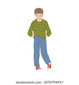 Sad unhappy teenage boy standing with bowed head, flat vector illustration isolated on white background. Teens and children depression and psychological problems.