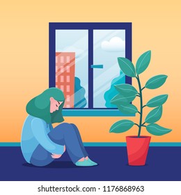 Sad, unhappy teenage girl, young woman sitting at home alone, sunny weather in the window, flat vector illustration. Depressed, sad, unhappy girl, woman sitting home alone, feeling lonely