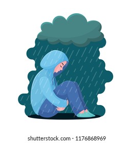 Sad, unhappy teenage girl, young woman sitting in hoodie under rain, depression concept, flat vector illustration isolated on white background. Depressed, unhappy girl, woman sitting under rain cloud