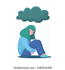 Sad, unhappy teenage girl, young woman sitting under rain, depression concept, flat vector illustration isolated on white background. Depressed, unhappy girl, woman sitting under rain cloud