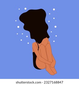 Sad, unhappy teenage girl, young woman under water, depression concept, flat vector illustration isolated on white background. Depressed, unhappy girl, woman sinking