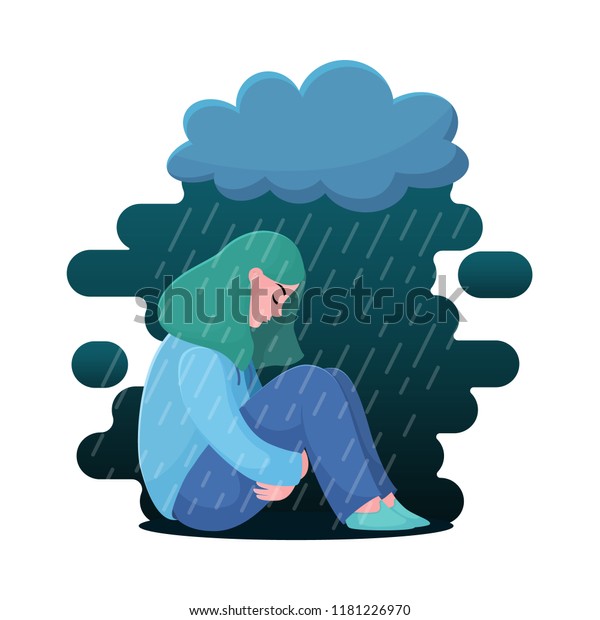 悲しく不幸な10代の女の子 雨の下に座る若い女性 うつ病のコンセプト 白い背景に平らなベクターイラスト 憂鬱で不幸な女性雨雲 の下に座る女性 のベクター画像素材 ロイヤリティフリー