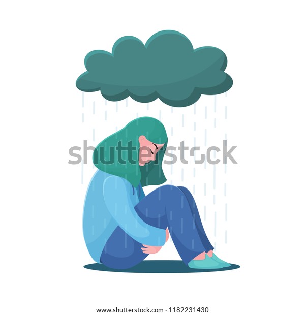 悲しく不幸な10代の女の子、雨の下に座る若い女性、うつ病のコンセプト、白い背景に平らなベクターイラスト。憂鬱で不幸な女性雨雲の下に座る女性