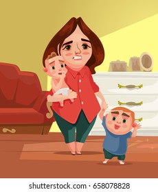 Sad unhappy tired mother character with many children. Vector flat cartoon illustration