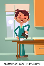 Sad unhappy tired office worker man businessman character making and drinking morning coffee. Dad monday morning flat cartoon graphic design concept illustration