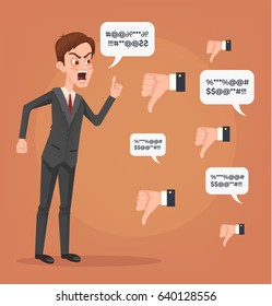 Sad unhappy unsuccessful business man office worker character mascot trying argue with haters. Negative feedback dislike. Bad comments. Vector flat cartoon illustration