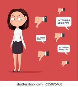 Sad unhappy unsuccessful business woman office worker character mascot. Negative feedback dislike. Bad comments. Vector flat cartoon illustration