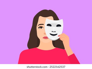 sad unhappy upset  woman holding  smiling mask vector illustration