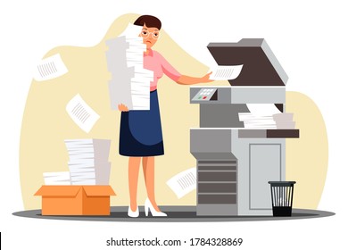 Sad unhappy vector secretary photocopying document pile. Overworked woman holding paper stack standing by printer in office. Stressful bureaucracy. Overwhelming facial emotion. Busy work day deadline