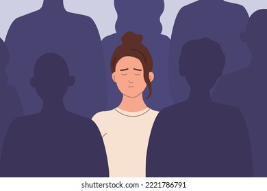 Sad unhappy woman among crowd of people feels lonely. Depression, problems with communication, friends, isolation. Vector flat illustration.