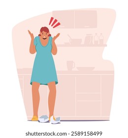 Sad unhappy woman cartoon character screaming due to break dish during dinner preparation at home kitchen vector illustration. Unfortunate incident with dropped plate on tiled floor while cooking