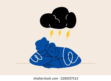 Sad unhappy woman with clouds and rain in her head. Concept of depression. Colorful vector illustration