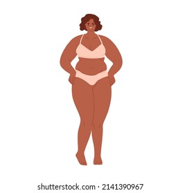 Sad Unhappy Woman With Fat Body. Plus-size Female In Underwear With Obesity. Shy Person With Low Self-esteem, Dissatisfied With Overweight. Flat Vector Illustration Isolated On White Background