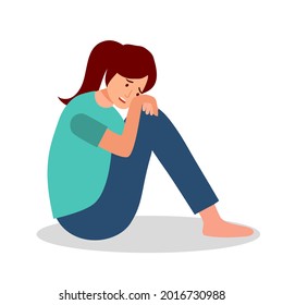 Sad unhappy woman in flat design on white background.