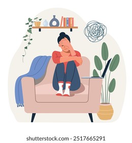 Sad, unhappy woman on chair covered her face with her hand. Professional burnout syndrome. Vector flat style cartoon illustration