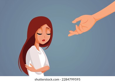 
Sad Unhappy Woman Receiving a Helping Hand Vector Illustration. Person receiving aid from an empathic professional counselor 
