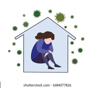 Sad, unhappy woman sitting in house with corona virus around. Vector illustration about stress, loneliness, depression in quarantine. Self isolation at home in covid-19 epidemic, coronavirus pandemic