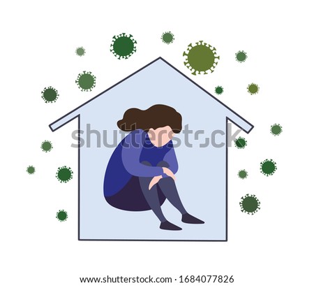 Sad, unhappy woman sitting in house with corona virus around. Vector illustration about stress, loneliness, depression in quarantine. Self isolation at home in covid-19 epidemic, coronavirus pandemic