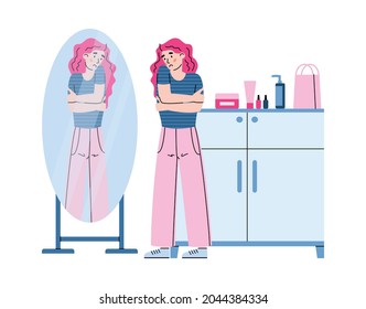 Sad unhappy woman standing in front of mirror, cartoon vector illustration isolated on white background. Woman whos dont accept her body and not sure in her appearance.