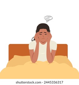 Sad unhappy Woman staying in bed in her bedroom waking up with headache. Flat Vector Illustration isolated on White Background