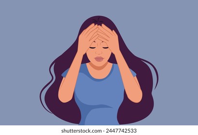 
Sad Unhappy Woman Suffering a Headache Vector Cartoon illustration. Sick lady feeling uncomfortable and dizzy from a migraine episode 
