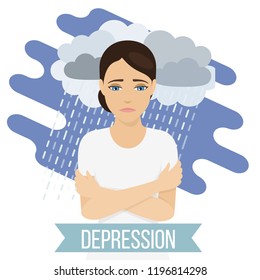 Sad, unhappy woman suffers from depression. Female feels sadness and loneliness. Vector