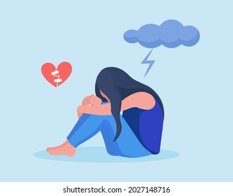 Sad, unhappy woman who suffers from mental health diseases is sitting under dark cloud. Girl with symptoms of depression disorder: broken heart, anxiety, crisis, tears, exhausted, overworked, tired