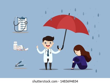 Sad. Unhappy woman. Young woman sitting under rain she is depression. Medical care doctor medicine hospital staff healthcare insurance. Raise an umbrella.Vector, illustration
