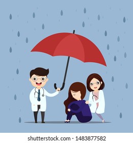 Sad. Unhappy woman. Young woman sitting under rain she is depression. Medical care doctor medicine hospital staff healthcare insurance. Raise an umbrella.Vector, illustration
