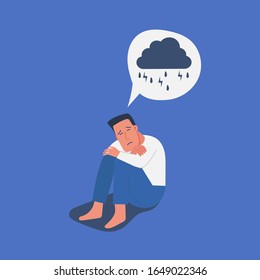sad and unhappy young man in depression sitting on his knees, lonely boy with rainy cloud on mind, sorrow, mental health concept, cartoon male character flat vector illustration