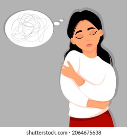 Sad unhappy young woman. Concept of depression, bipolar disorder, fear, pain. Vector illustration in flat style.