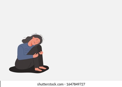 sad and unhappy young woman in depression sitting and hugging her knees, lonely girl with sorrow, mental health concept, cartoon female character flat vector illustration