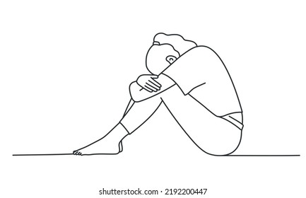 Sad, unhappy young woman sits hugging her knees. Psychology, depression, bad mood, stress. Hand drawn vector illustration. Black and white.
