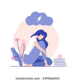 Sad, Unhappy Young Woman Sitting Under Dark Cloud. Psychology, Depression, Bad Mood, Stress. Flat Vector Illustration.