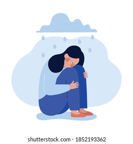 Sad Unhappy Young Woman Sitting Under The Rain Cloud, Hugging Her Knees. Depression, Bad Mood, Stress, Psychology, Mental Health, Suicide Prevention. Flat Vector Illustration.