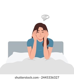 Sad unhappy young woman staying in bed in her bedroom waking up with headache. Flat Vector Illustration isolated on White Background