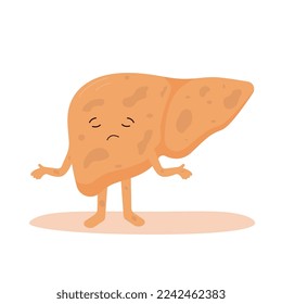 Sad unhealthy fatty liver. Vector illustration in flat and cartoon style