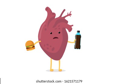 Sad unhealthy sick cartoon heart character with fast food soda beverage bottle and burger. Human ill circulatory organ mascot pain bad emotion. Vector illustration