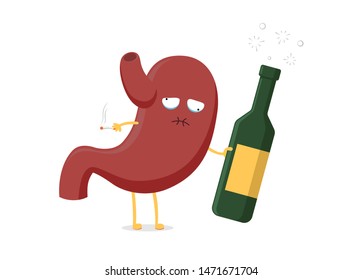 Sad unhealthy sick drunk stomach character with alcohol bottle and cigarette. Human digestive system unhealthy cartoon organ indigestion. Vector illustration
