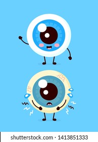 Sad unhealthy sick and happy smiling healthy strong human eyeball organ. Vector modern style cartoon character illustration icon. Isolated on white background. Eye pain concept
