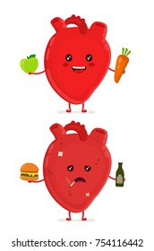 Sad unhealthy sick heart with bottle of alcohol and smoking cigarette,burger and strong healthy happy heart with carrot and apple. Vector modern cartoon character illustration icon design.