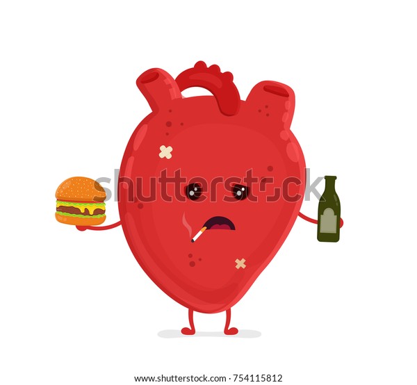 お酒とたばこを吸うハンバーガーを持つ 悲しい不健康な心 ベクターモダンスタイルの漫画のキャラクタイラストアイコンデザイン 不健康な心のコンセプト のベクター画像素材 ロイヤリティフリー