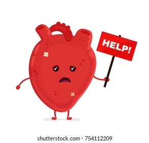 Sad unhealthy sick heart mascot with nameplate help.Heart attack face.Vector style cartoon character illustration icon design. Help unhealthy,healthy heart face,damage,attack,ache,pain,illness concept